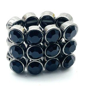 Black Faceted Bead Stretch Ring Triple Layer Silver Tone Wide Band Dinner